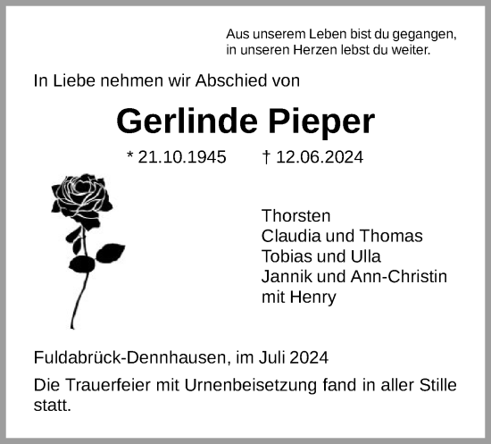 Todesanzeige von Gerlinde Pieper von HNA