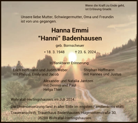 Todesanzeige von Hanna Emmi Badenhausen von HNA