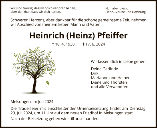 Todesanzeige von Heinrich Pfeiffer von HNA
