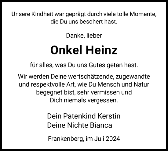 Todesanzeige von Heinz  von HNA