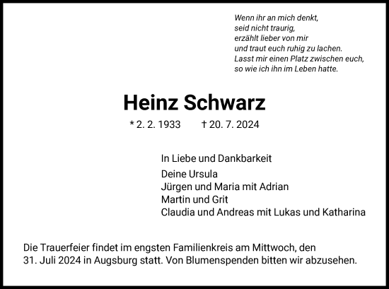 Todesanzeige von Heinz Schwarz von HNA