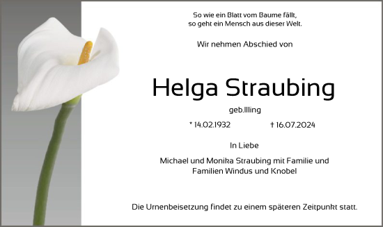 Todesanzeige von Helga Straubing von HNA
