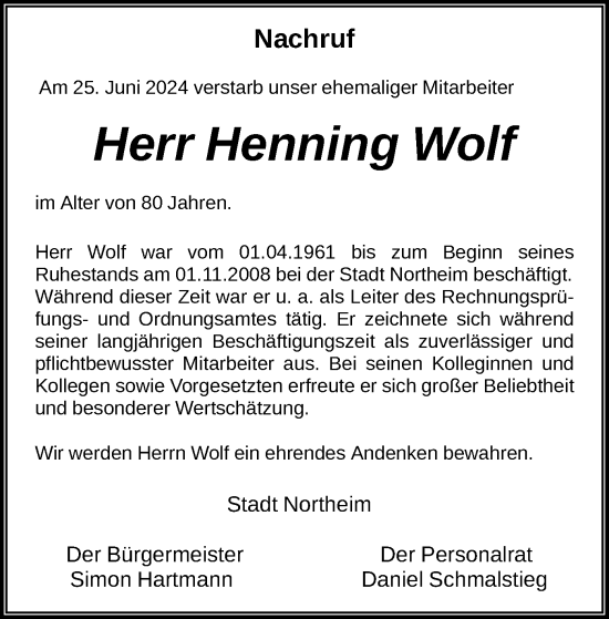 Todesanzeige von Henning Wolf von HNA
