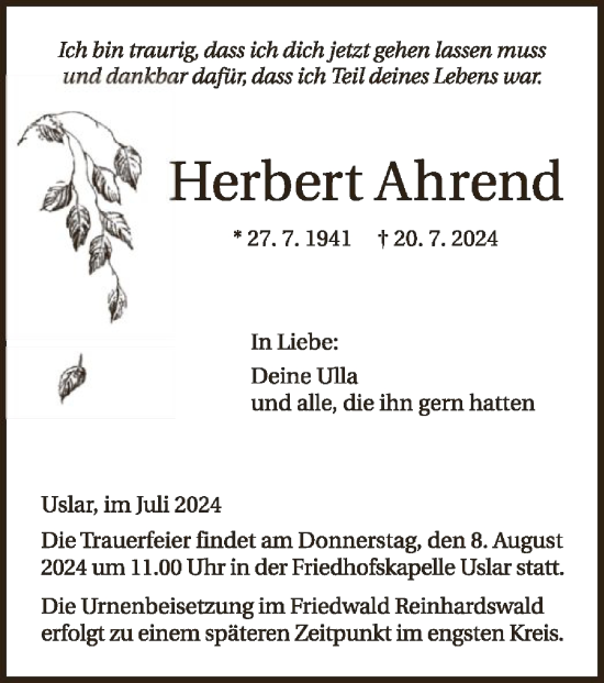 Todesanzeige von Herbert Ahrend von HNA