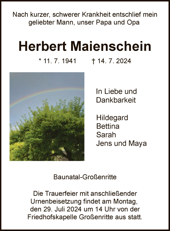 Todesanzeige von Herbert Maienschein von HNAHNA