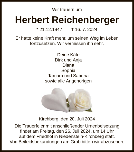 Todesanzeige von Herbert Reichenberger von HNA