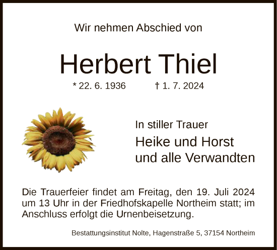 Todesanzeige von Herbert Thiel von HNA