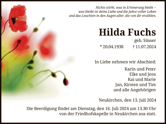 Todesanzeige von Hilda Fuchs von HNA