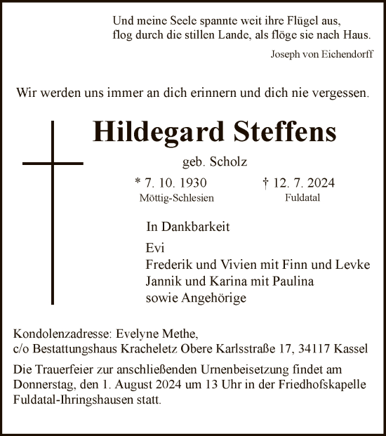 Todesanzeige von Hildegard Steffens von HNA