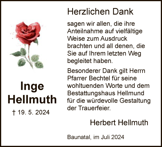 Todesanzeige von Inge Hellmuth von HNA