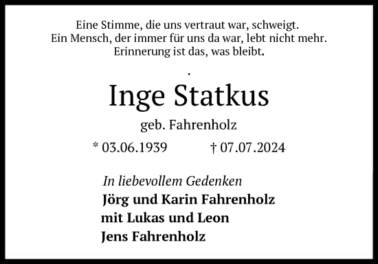 Todesanzeige von Inge Statkus von HNA