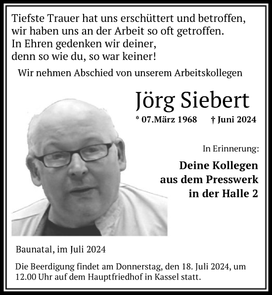 Todesanzeige von Jörg Siebert von HNA