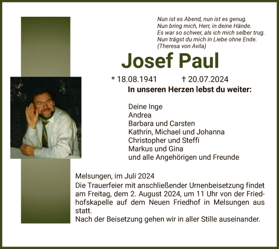 Todesanzeige von Josef Paul von HNA