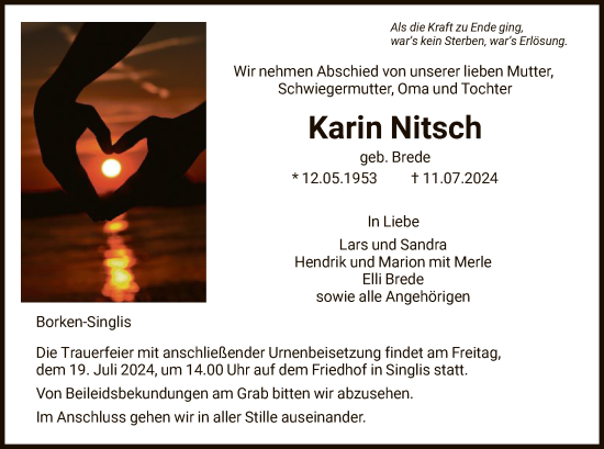 Todesanzeige von Karin Nitsch von HNA