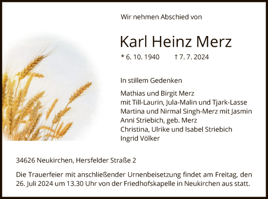 Todesanzeige von Karl Heinz Merz von HNA