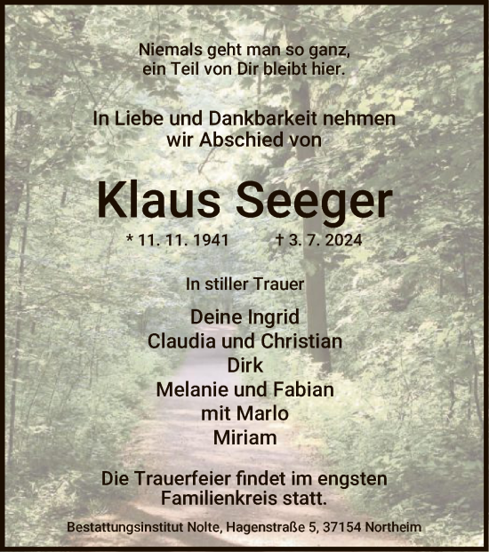 Todesanzeige von Klaus Seeger von HNA
