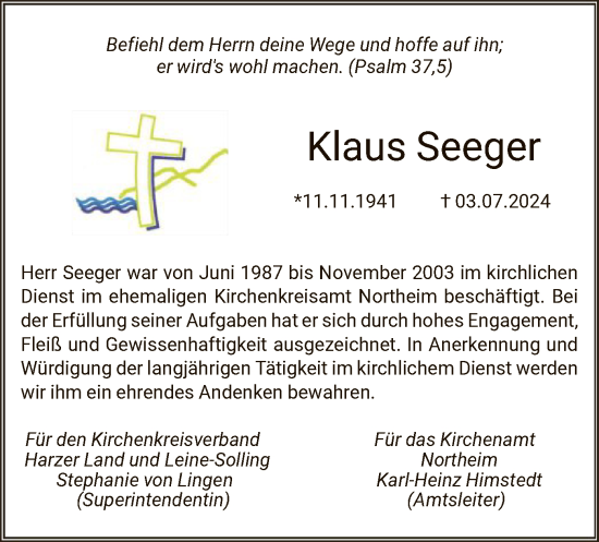 Todesanzeige von Klaus Seeger von HNA