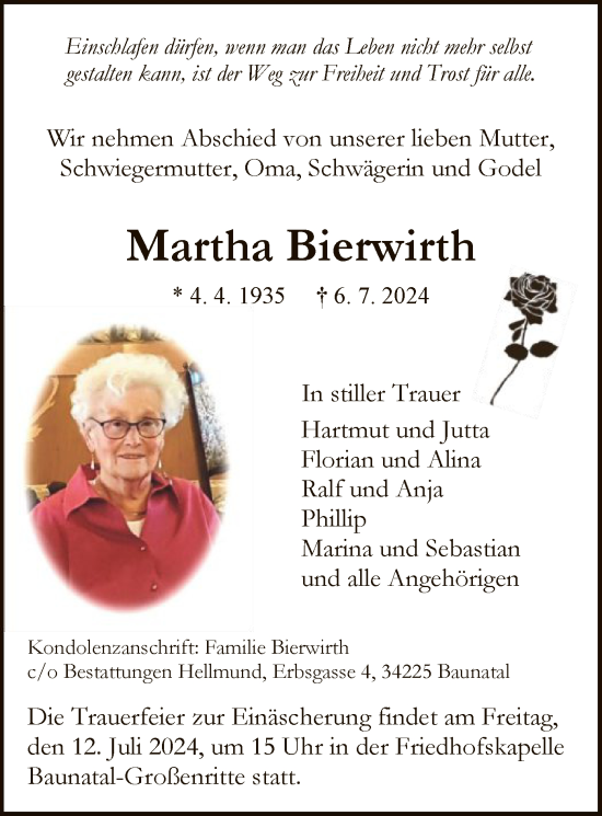 Todesanzeige von Martha Bierwirth von HNA