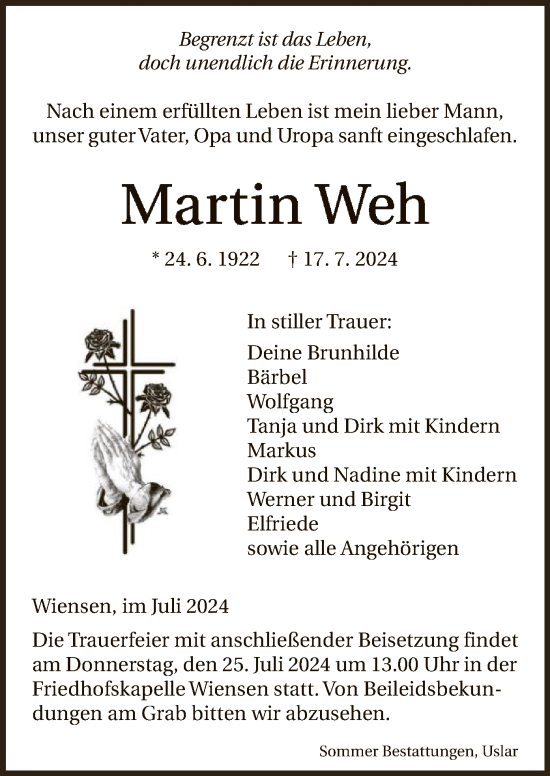 Todesanzeige von Martin Weh von HNA