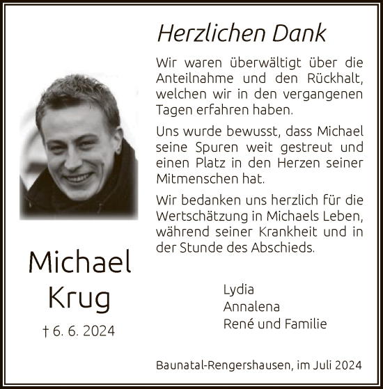 Todesanzeige von Michael Krug von HNA