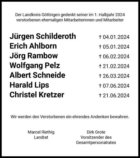 Todesanzeige von Nachruf Landkreis Göttingen von HNA