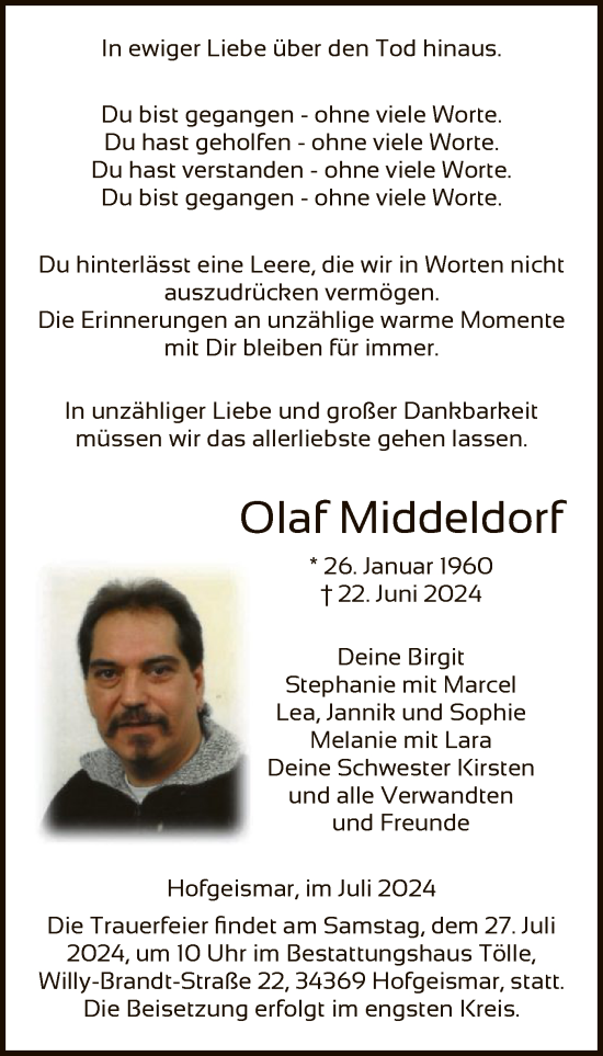Todesanzeige von Olaf Middeldorf von HNA
