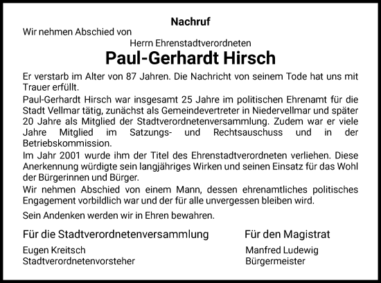 Todesanzeige von Paul-Gerhardt Hirsch von HNA