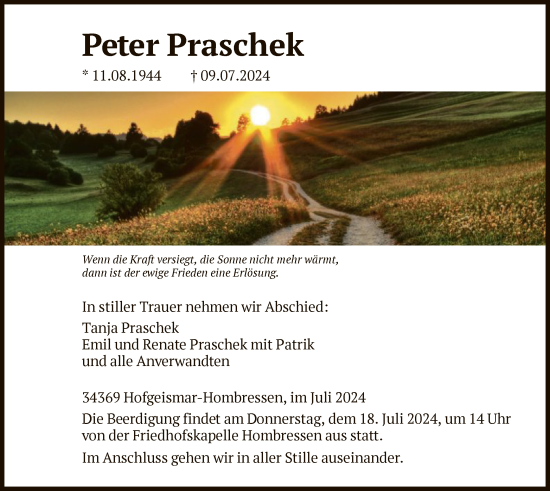 Todesanzeige von Peter Praschek von HNA