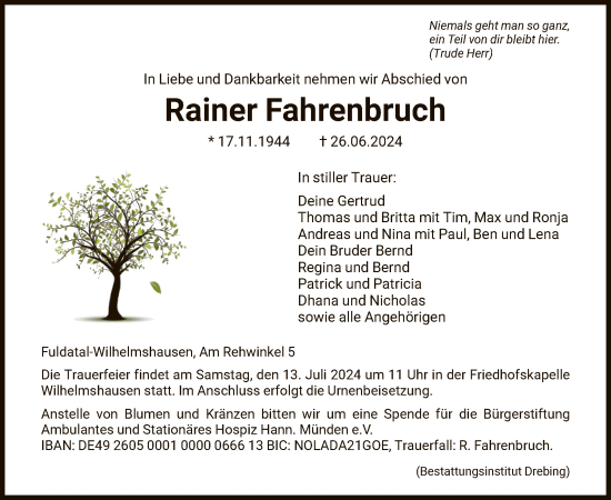 Todesanzeige von Rainer Fahrenbruch von HNAHNA