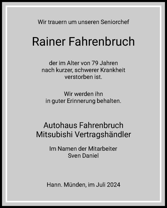 Todesanzeige von Rainer Fahrenbruch von HNAHNA