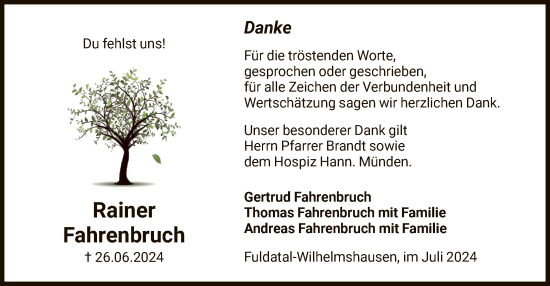 Todesanzeige von Rainer Fahrenbruch von HNAHNA