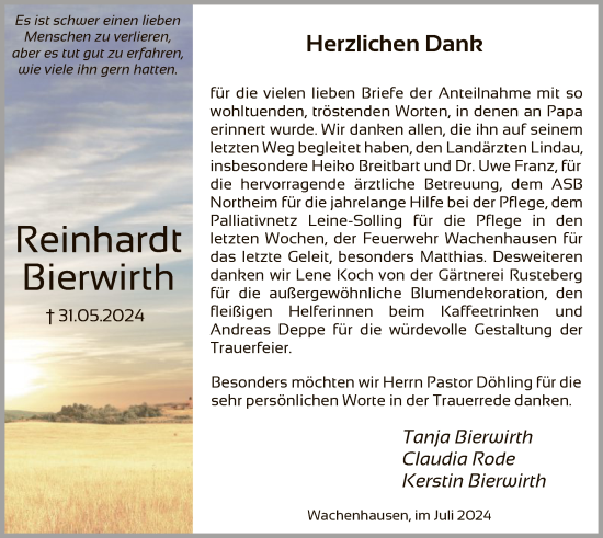 Todesanzeige von Reinhardt Bierwirth von HNA