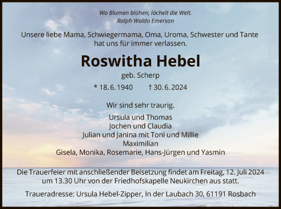 Todesanzeige von Roswitha Hebel von HNA