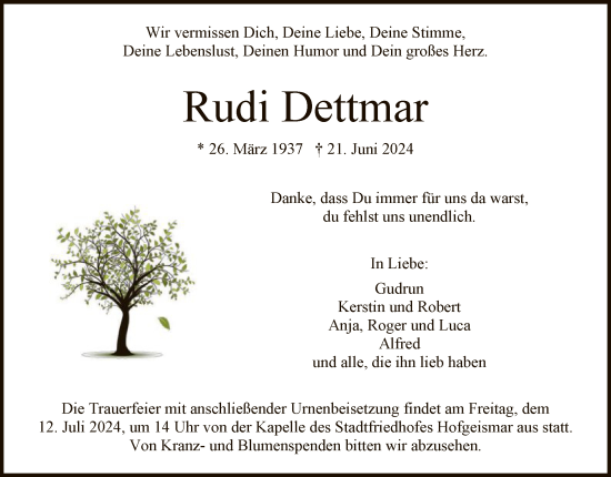 Todesanzeige von Rudi Dettmar von HNA