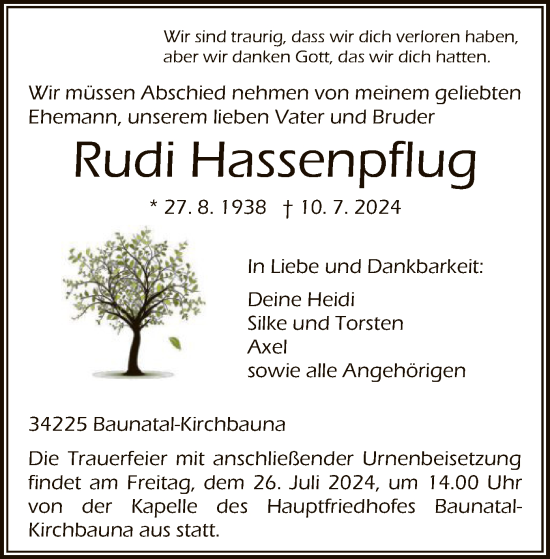 Todesanzeige von Rudi Hassenpflug von HNA