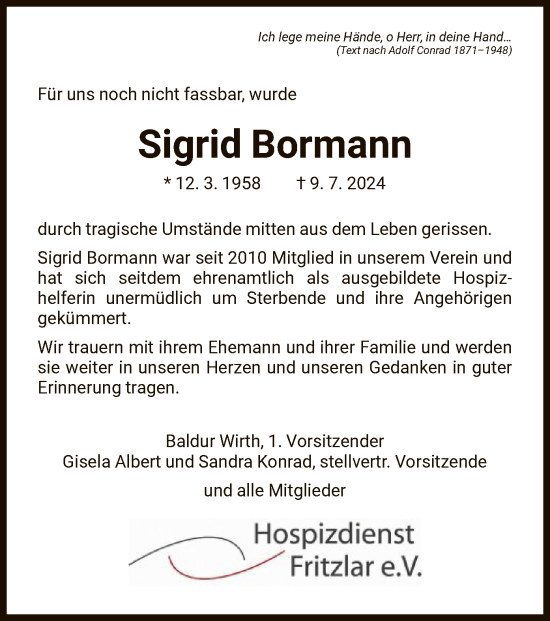 Todesanzeige von Sigrid Bormann von HNA