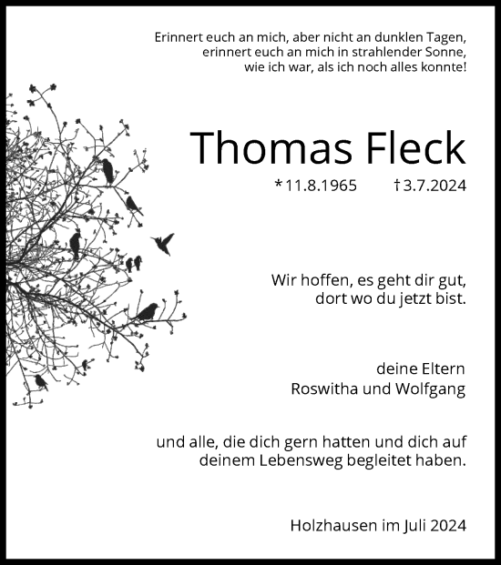 Todesanzeige von Thomas Fleck von HNAHNA