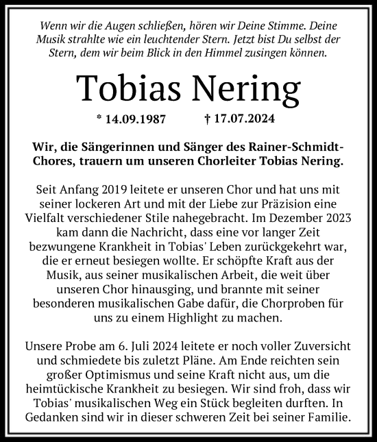 Todesanzeige von Tobias Nering von HNA