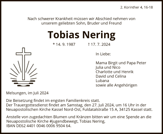 Todesanzeige von Tobias Nering von HNAHNA