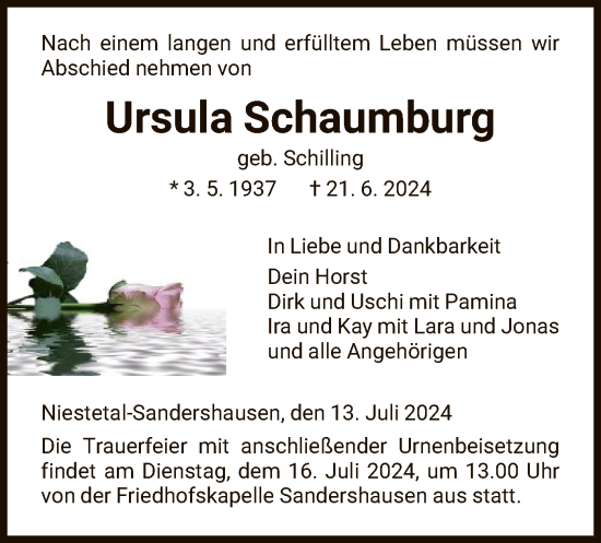 Todesanzeige von Ursula Schaumburg von HNA