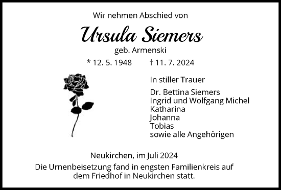 Todesanzeige von Ursula Siemers von HNA
