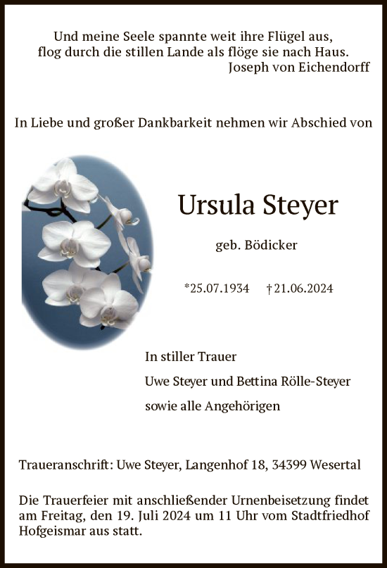 Todesanzeige von Ursula Steyer von HNA