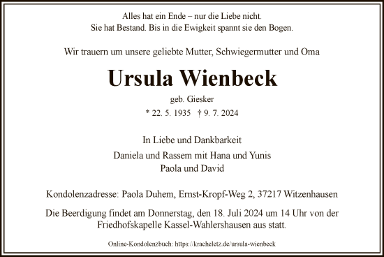 Todesanzeige von Ursula Wienbeck von HNA