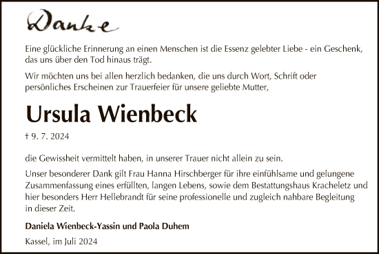 Todesanzeige von Ursula Wienbeck von HNA