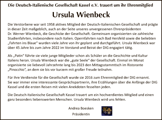 Todesanzeige von Ursula Wienbeck von HNA