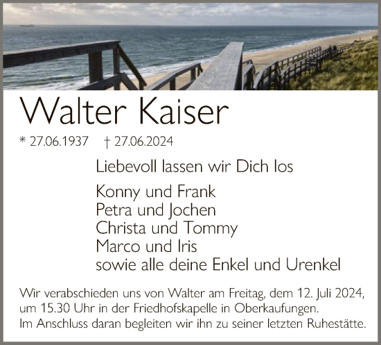 Todesanzeige von Walter Kaiser von HNA