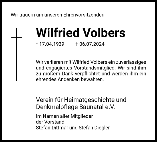Todesanzeige von Wilfried Volbers von HNA