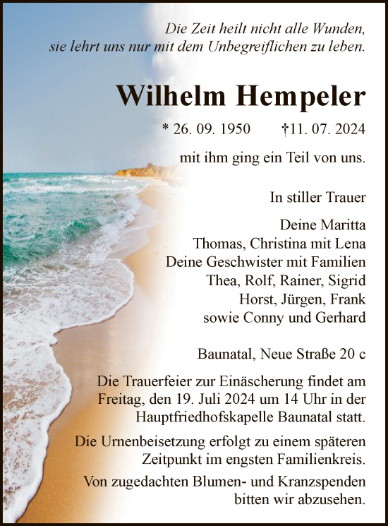 Todesanzeige von Wilhelm Hempeler von HNAHNA