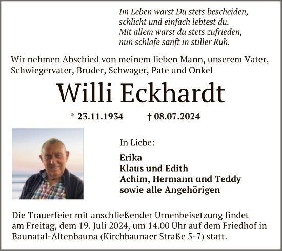 Todesanzeige von Willi Eckhardt von HNAHNA