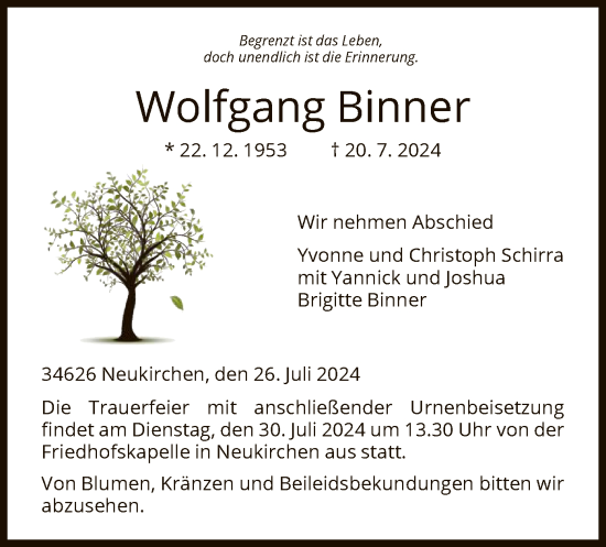 Todesanzeige von Wolfgang Binner von HNA
